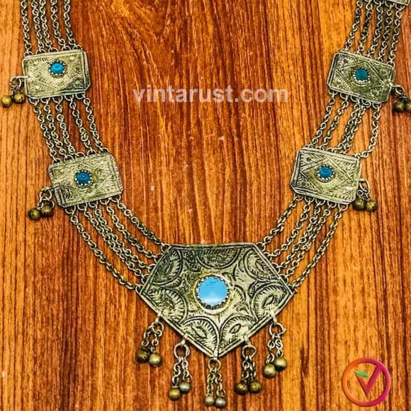 Silver Vintage Necklace with Turquoise Beads, Long Chain Necklace - Picture 3 of 8